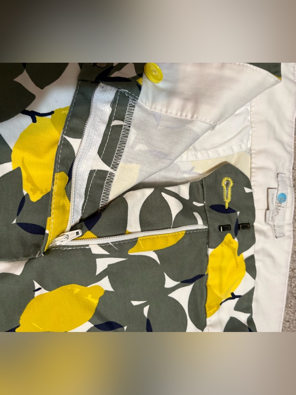 Boden White Cropped Pants with Bright Lemons and Olive / Navy Leaf Print - Picture 5 of 15